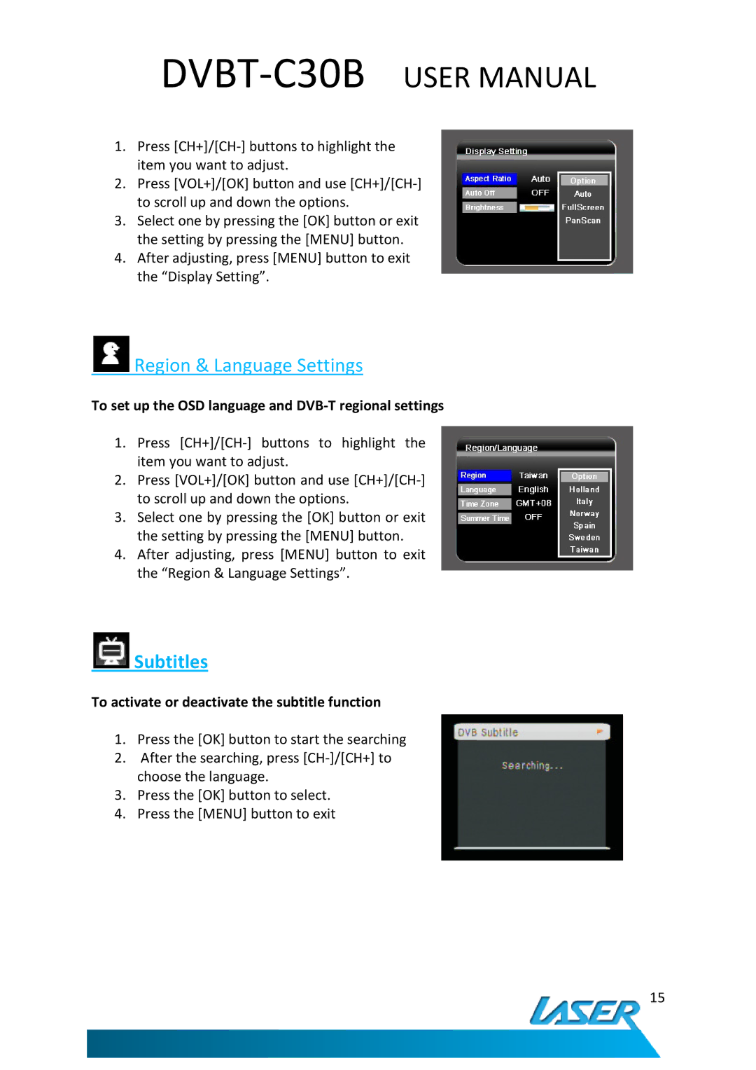 Laser DVBT-C30B user manual Region & Language Settings, Subtitles 