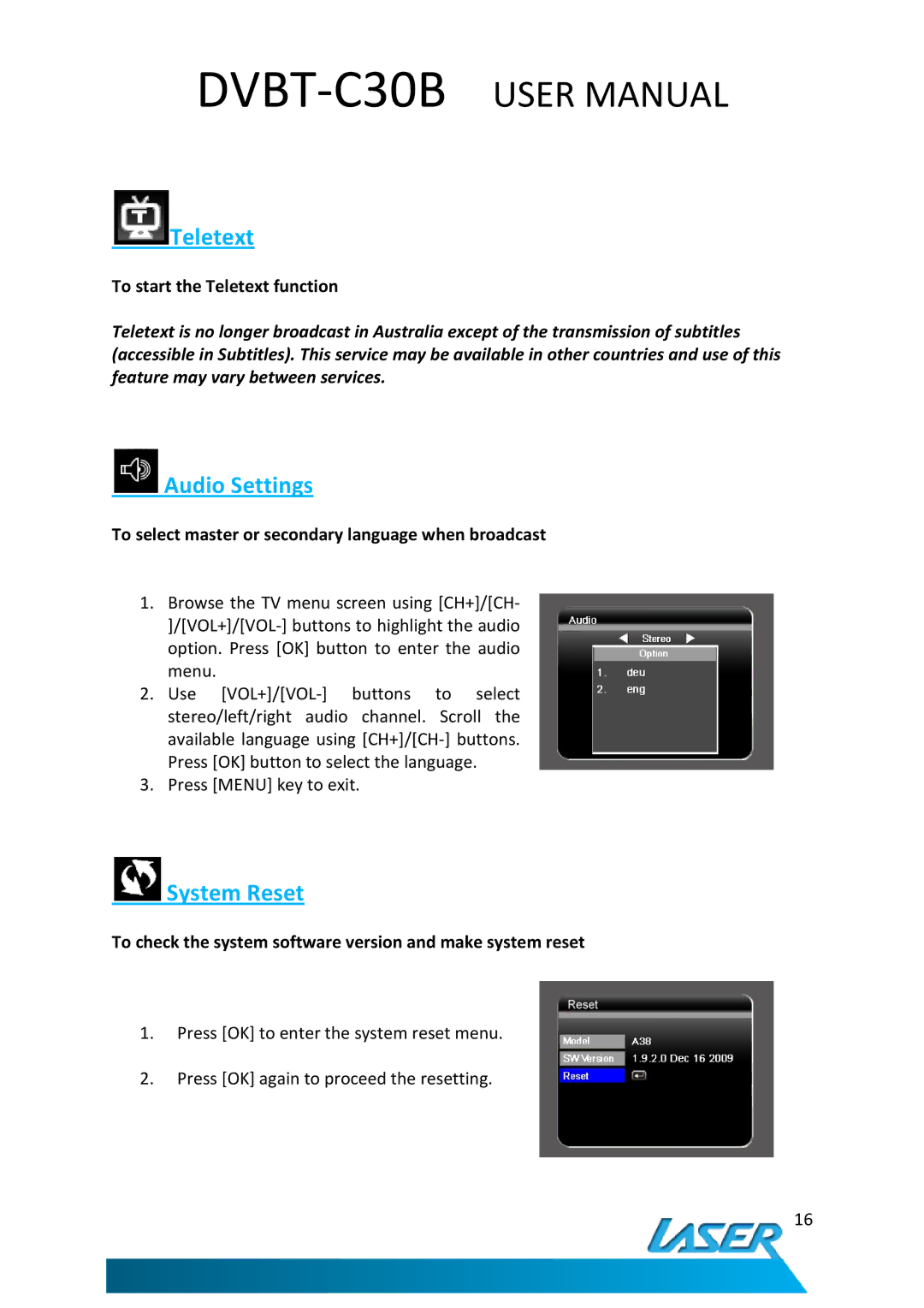 Laser DVBT-C30B user manual Teletext, Audio Settings, System Reset 