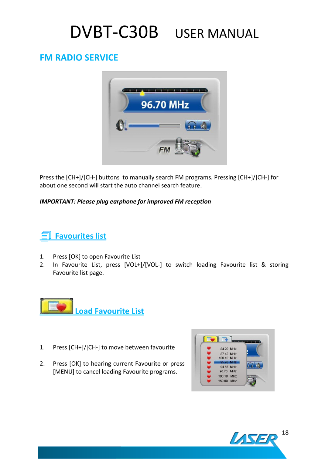 Laser DVBT-C30B user manual FM Radio Service, Favourites list, Load Favourite List 