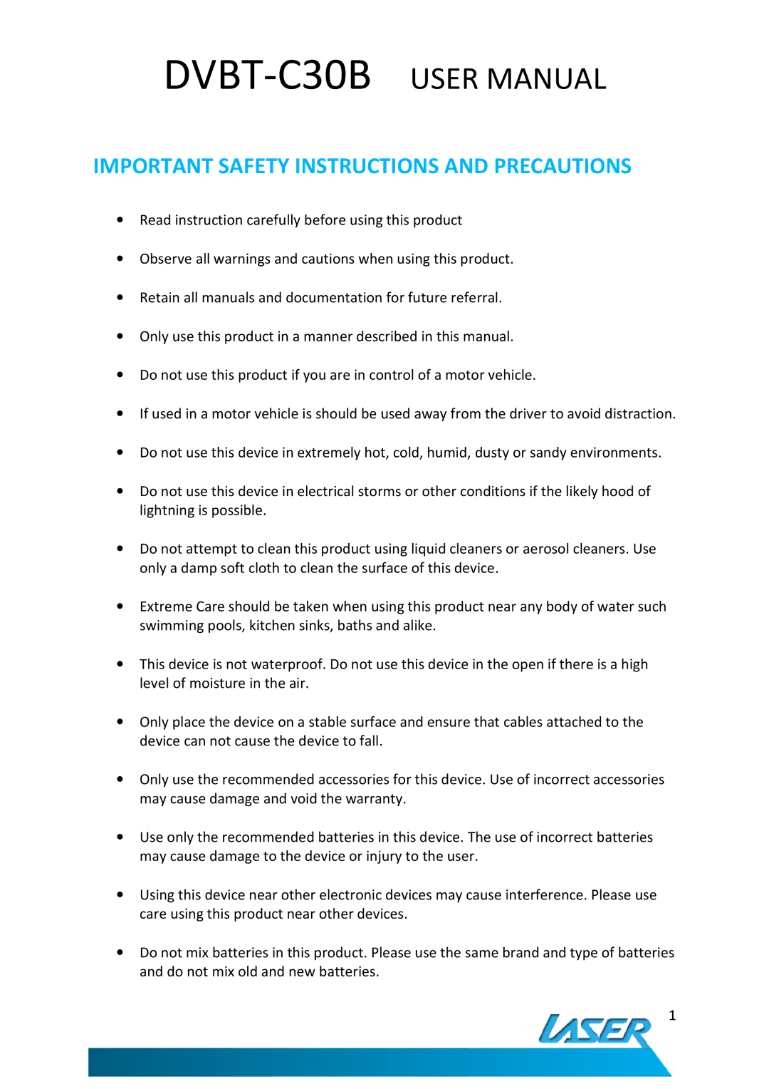 Laser DVBT-C30B user manual Important Safety Instructions and Precautions 