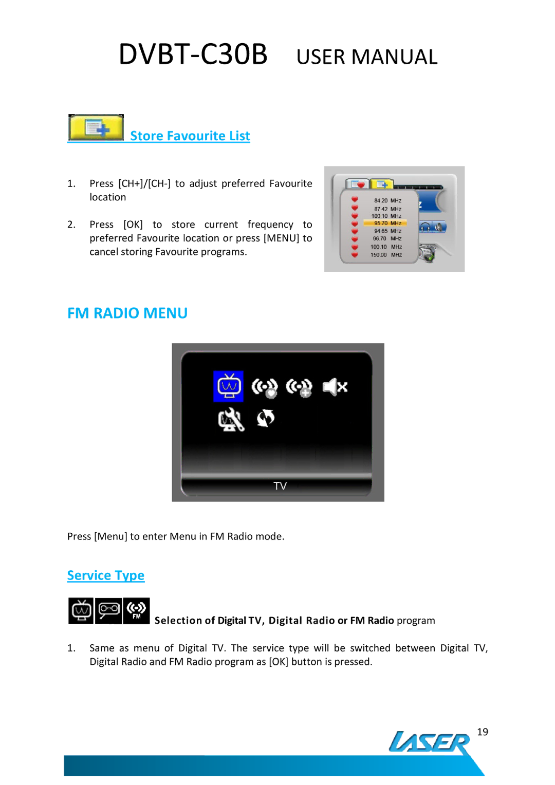 Laser DVBT-C30B user manual FM Radio Menu, Store Favourite List 