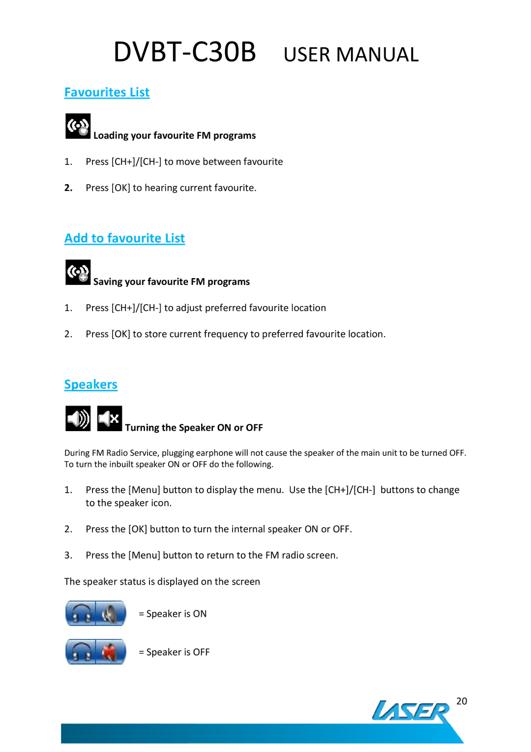 Laser DVBT-C30B user manual Add to favourite List, Speakers 