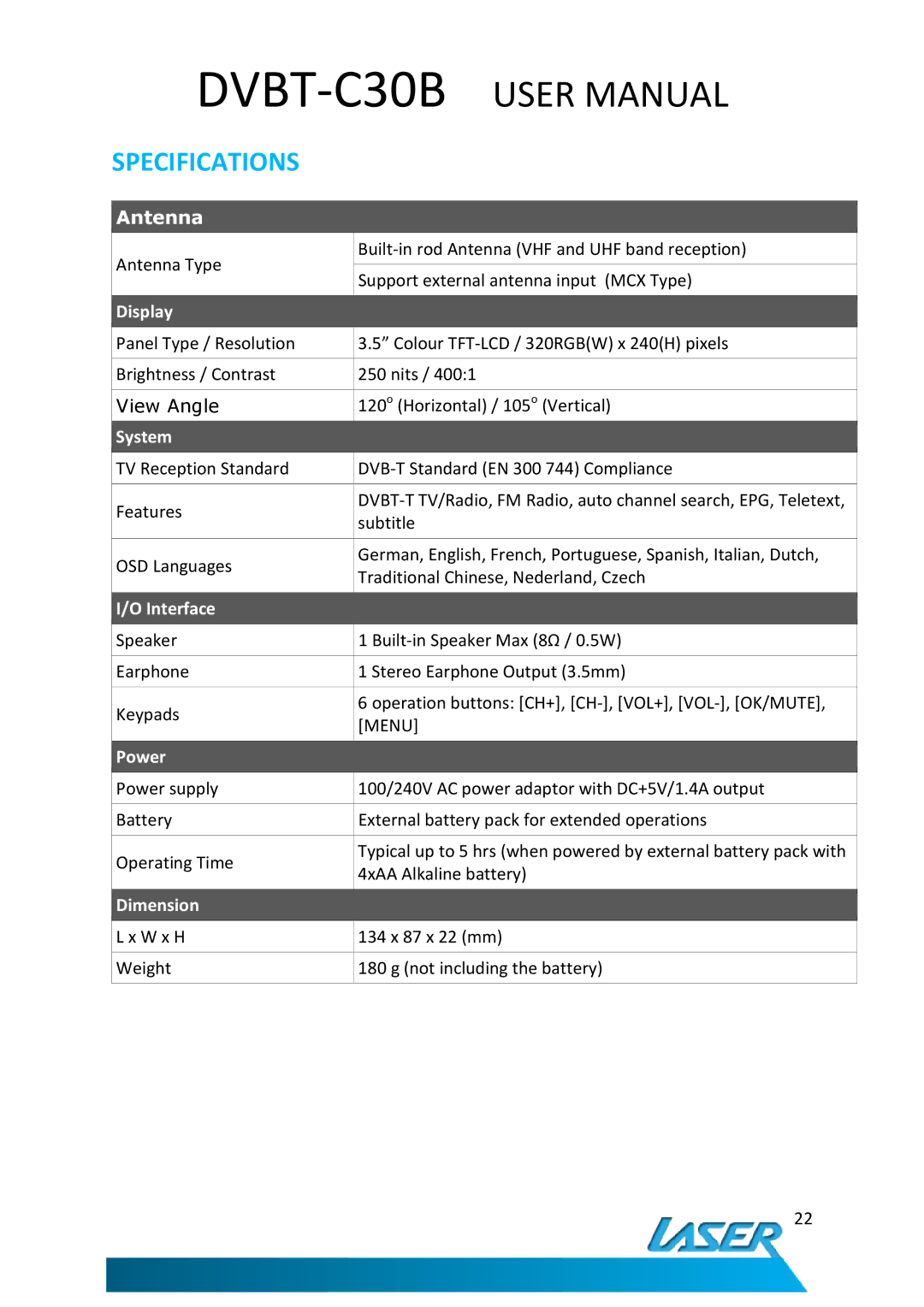 Laser DVBT-C30B user manual Specifications, Antenna 