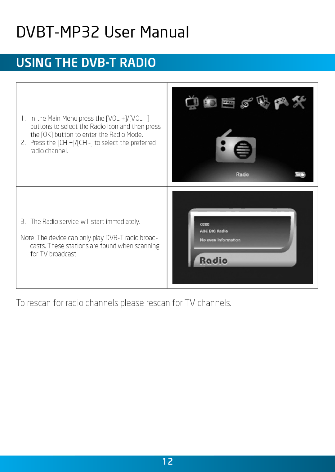 Laser DVBT-MP32 user manual Using the DVB-T Radio 