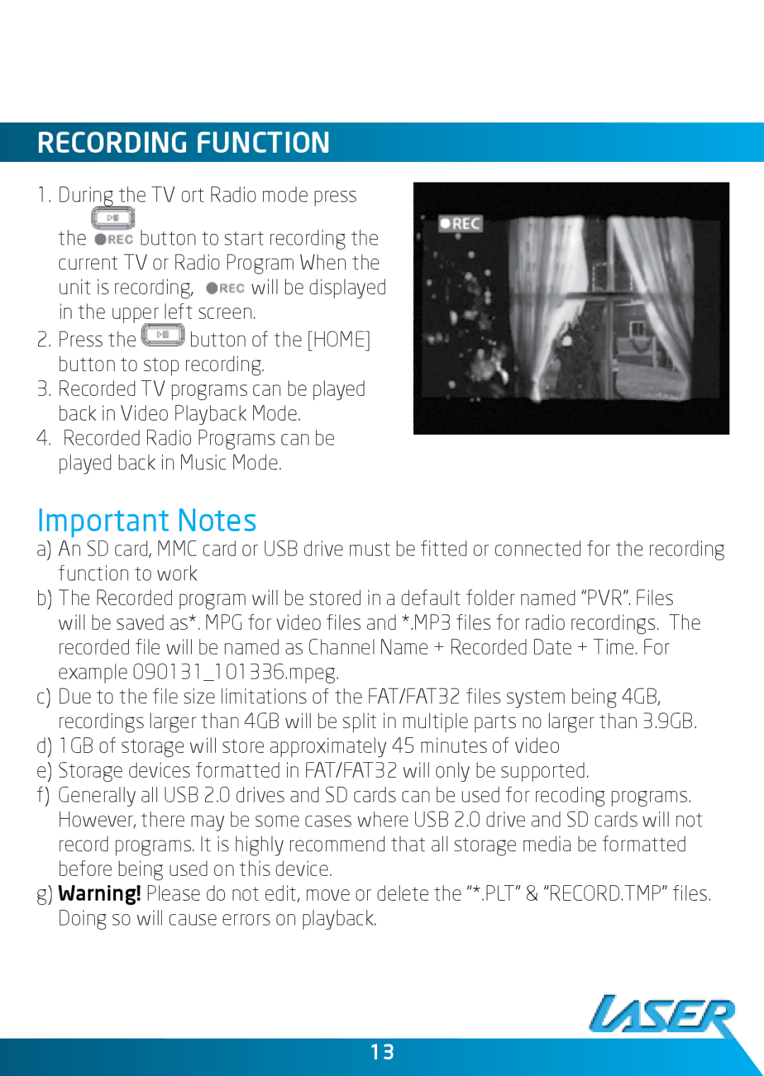 Laser DVBT-MP32 user manual Important Notes, Recording Function 