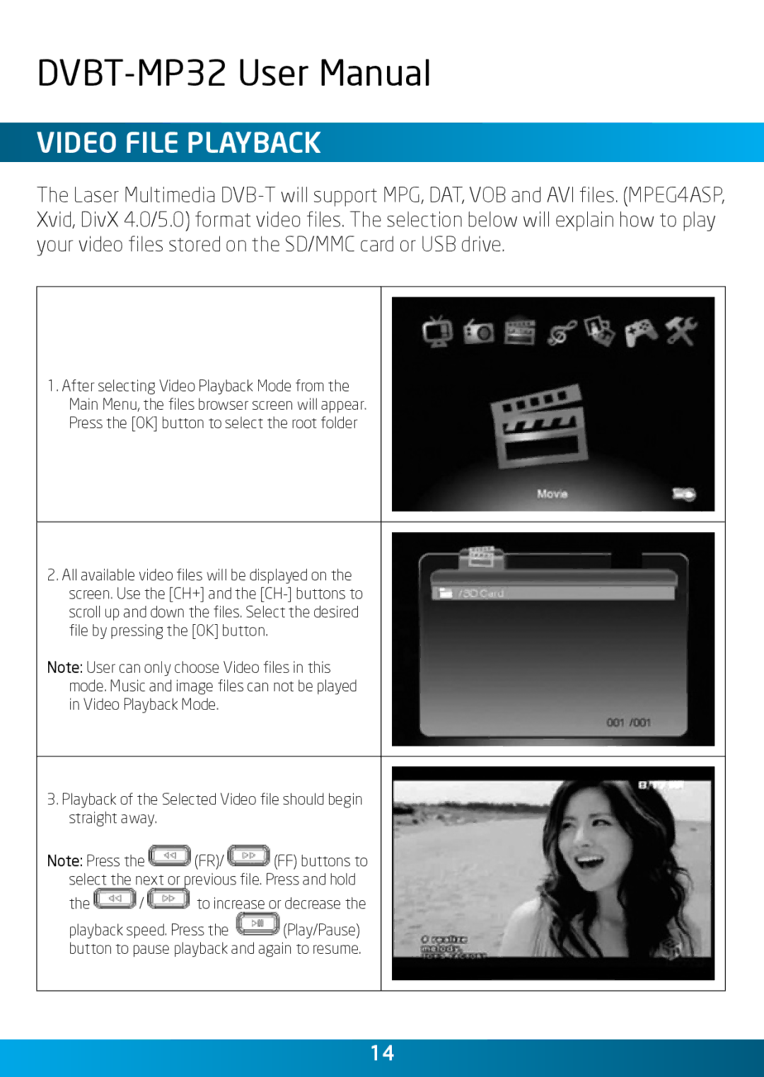 Laser DVBT-MP32 user manual Video File PlayBack 