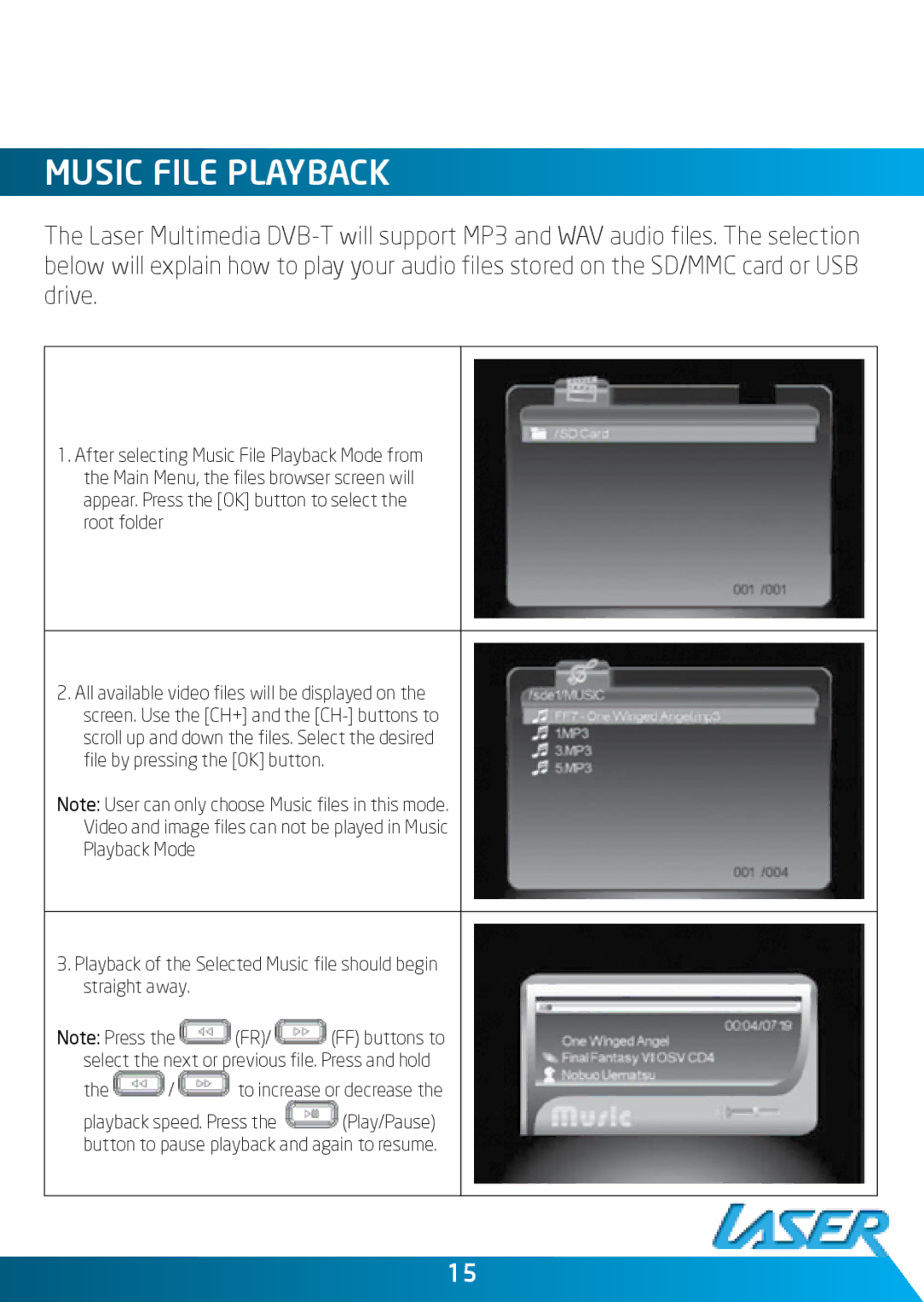 Laser DVBT-MP32 user manual Music File PlayBack 