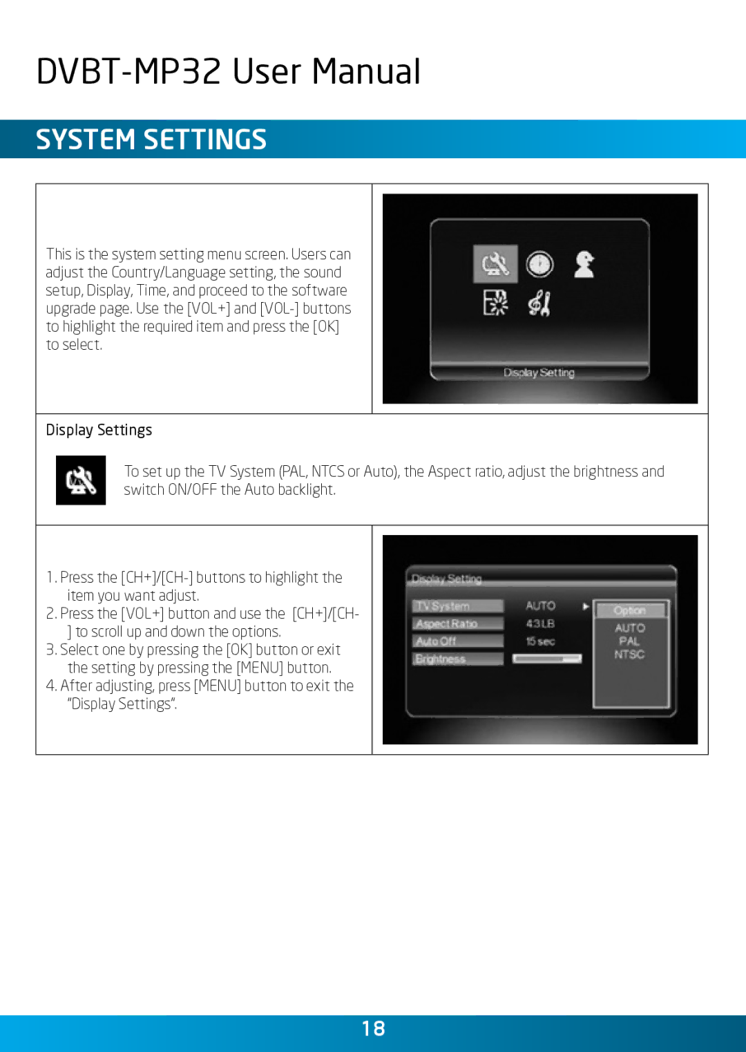 Laser DVBT-MP32 user manual System Settings 