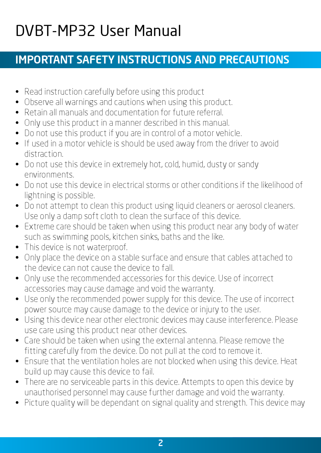 Laser DVBT-MP32 user manual Important Safety Instructions and Precautions 