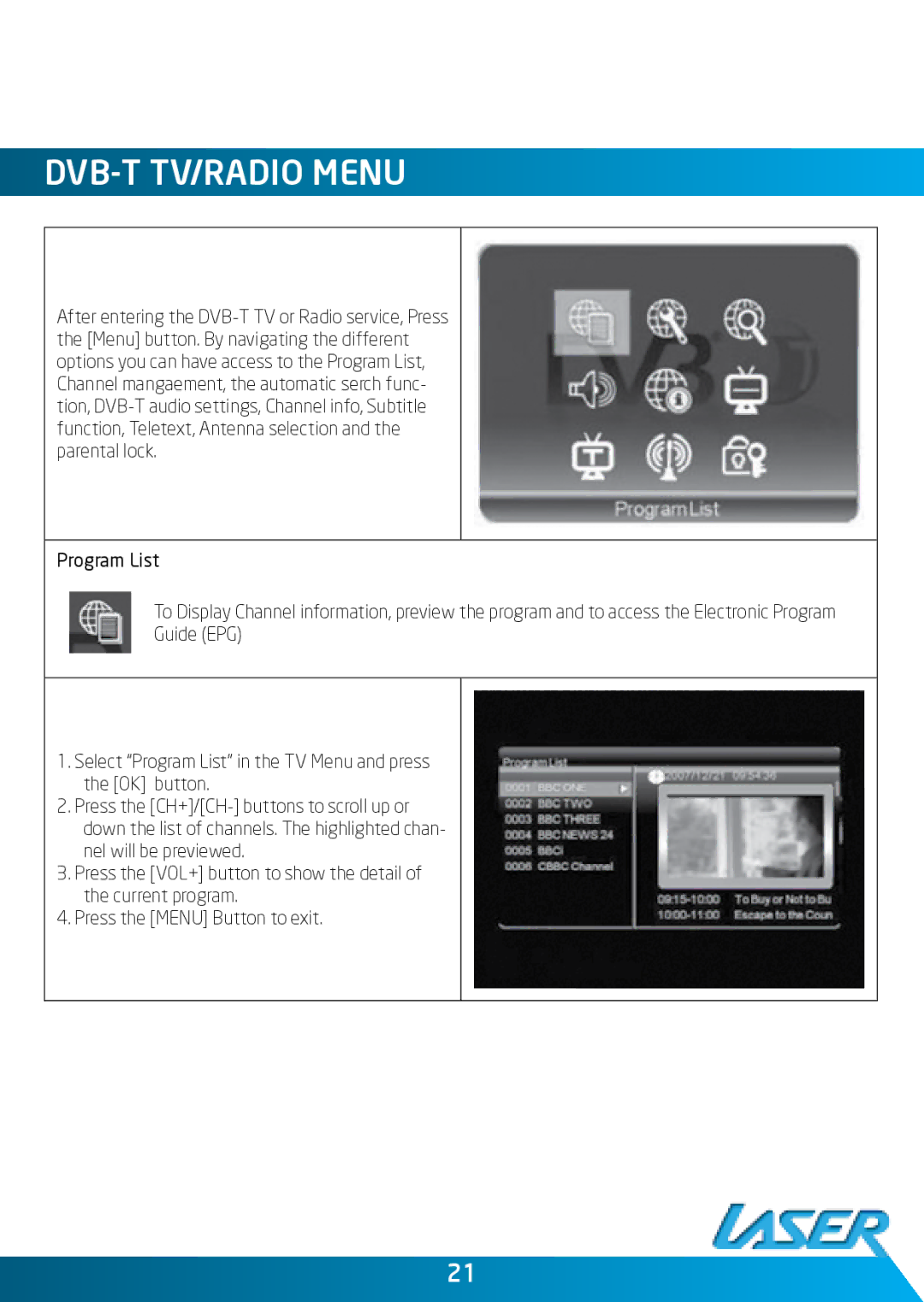 Laser DVBT-MP32 user manual DVB-T TV/Radio Menu 