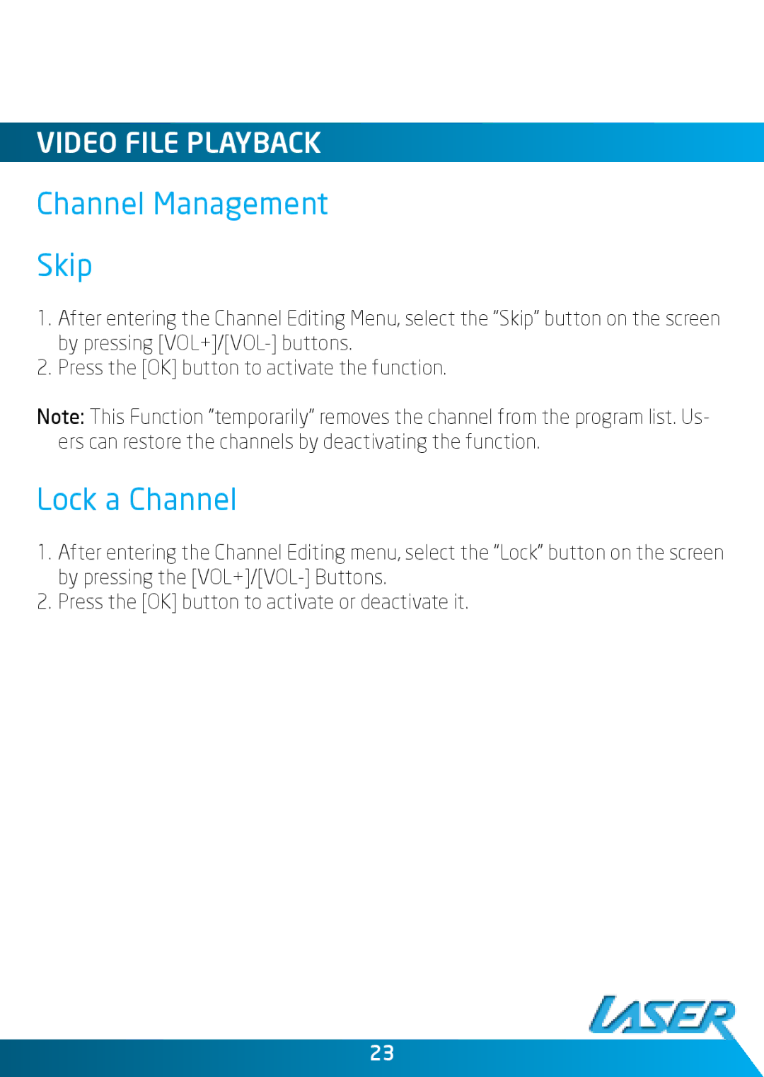 Laser DVBT-MP32 user manual Channel Management Skip 