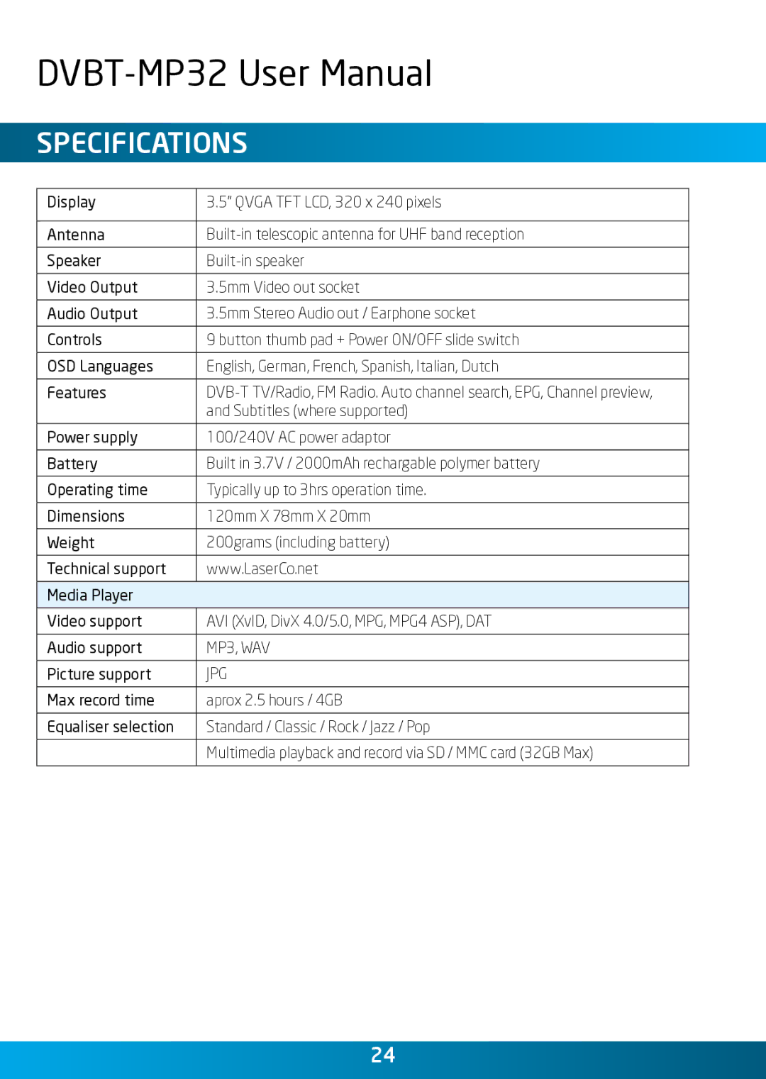 Laser DVBT-MP32 user manual Specifications 