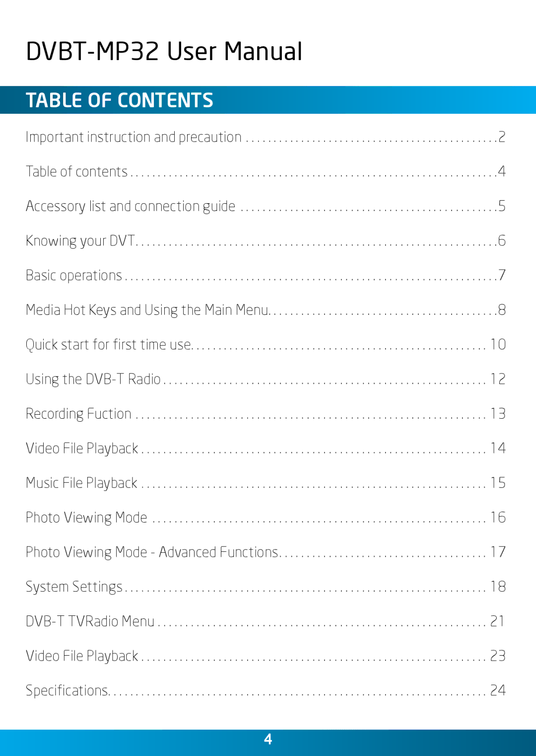 Laser DVBT-MP32 user manual Table of Contents 