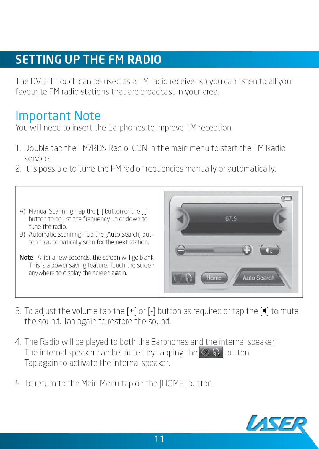 Laser DVBT-ST35 user manual Important Note, Setting up the FM Radio 