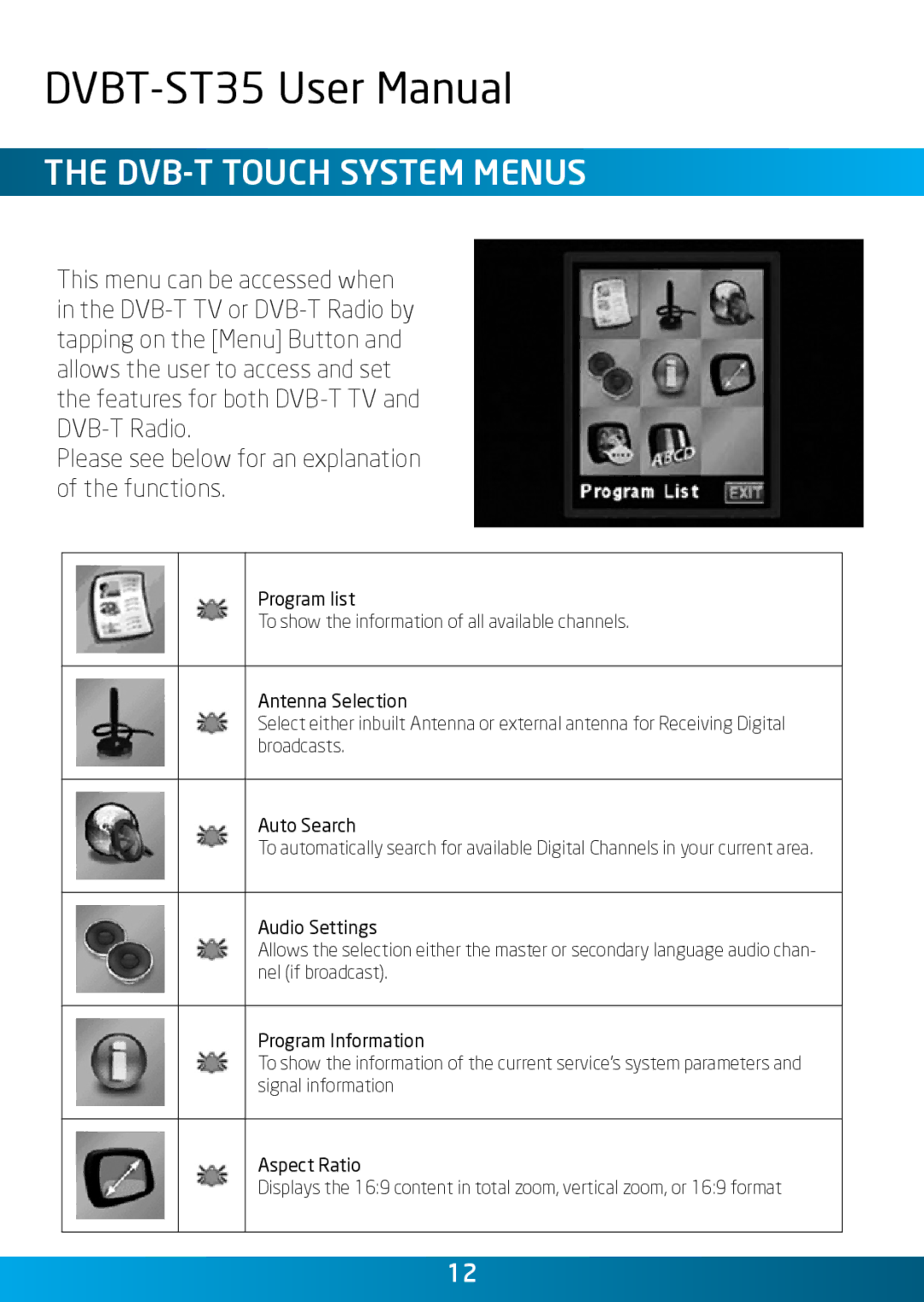 Laser DVBT-ST35 user manual DVB-T Touch System Menus 