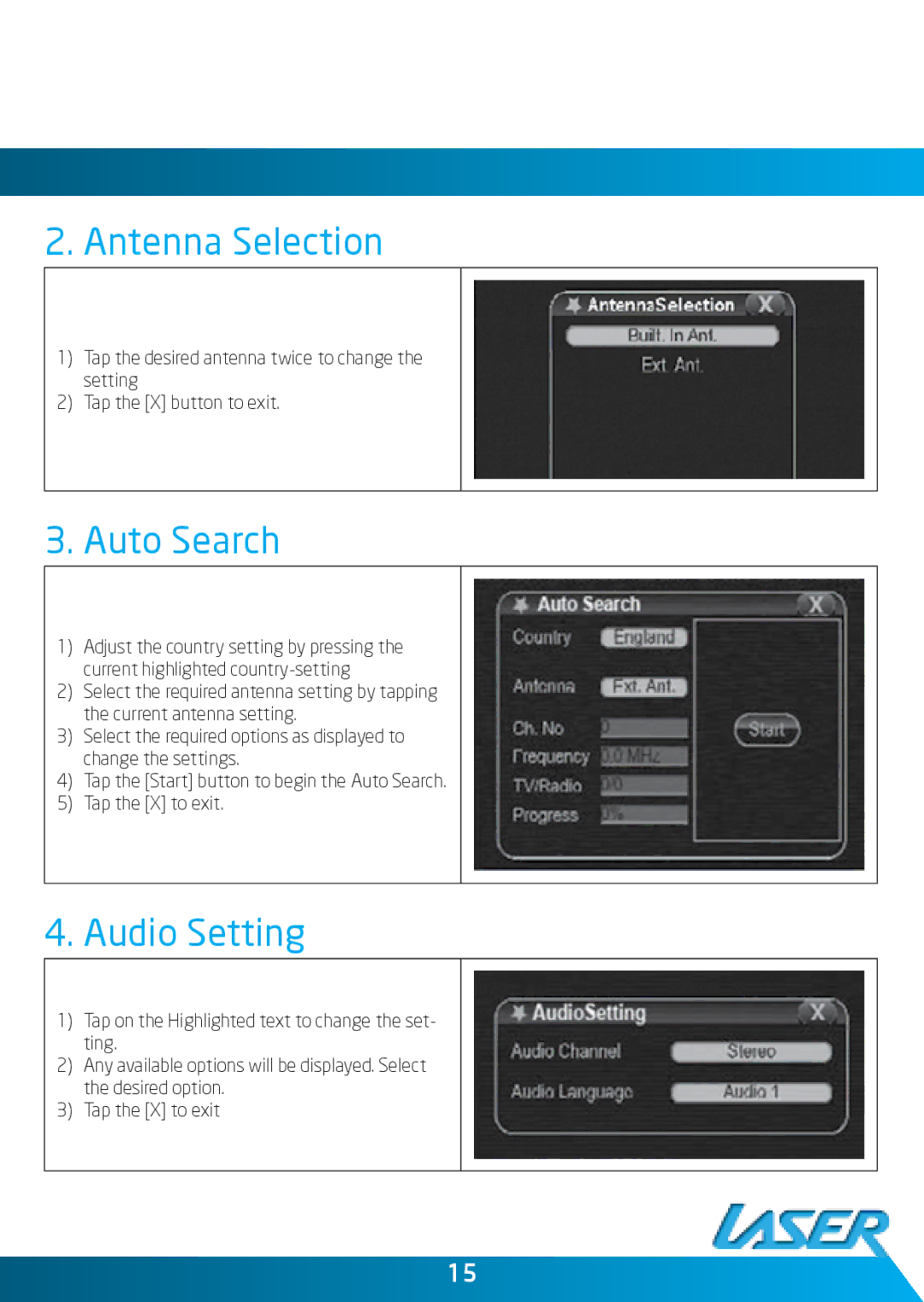 Laser DVBT-ST35 user manual Antenna Selection, Auto Search, Audio Setting 