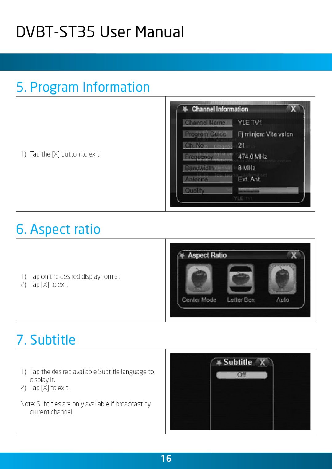 Laser DVBT-ST35 user manual Program Information, Aspect ratio, Subtitle 