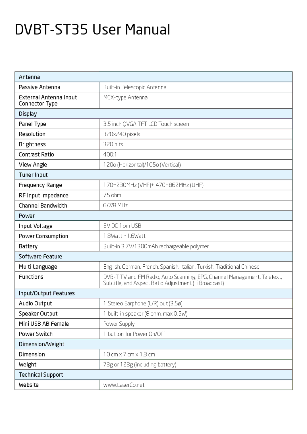 Laser DVBT-ST35 user manual Specifications 