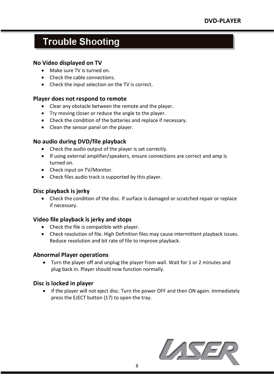 Laser DVD-HD007 manual No Video displayed on TVV 