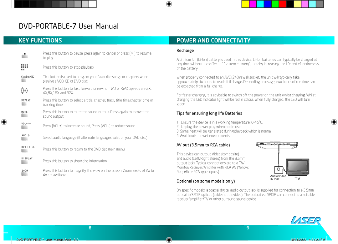 Laser DVD-PORTABLE-7 Power and Connectivity, Recharge, Tips for ensuring long life Batteries, AV out 3.5mm to RCA cable 