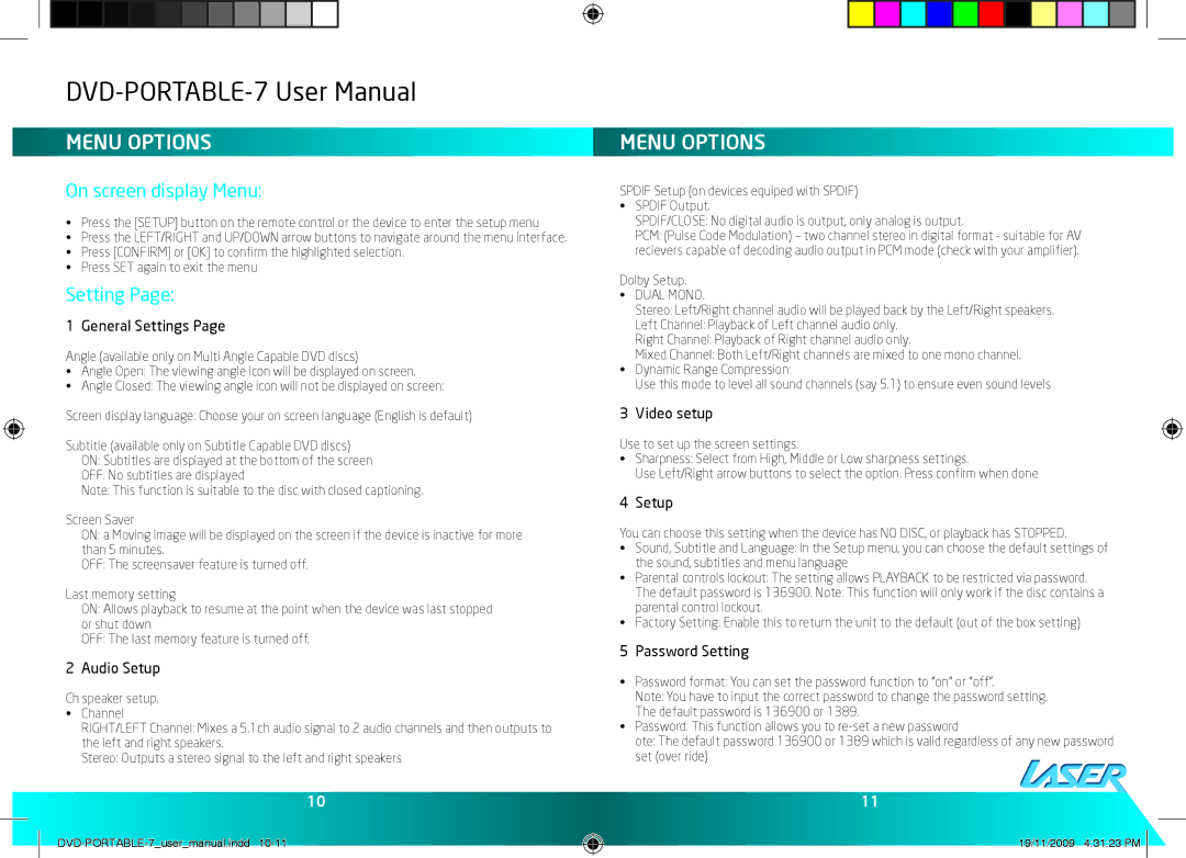 Laser DVD-PORTABLE-7 user manual Menu Options 