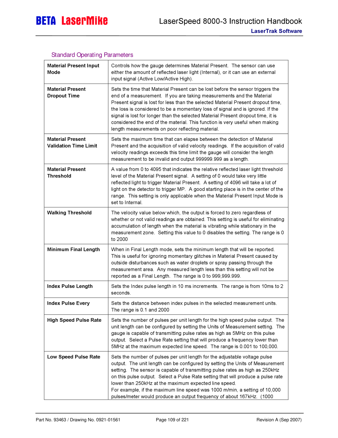 Laser LS8000-3 manual Standard Operating Parameters 
