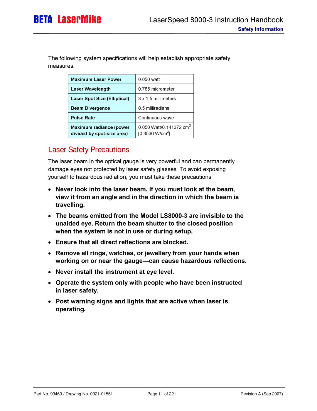 Laser LS8000-3 manual Laser Safety Precautions 