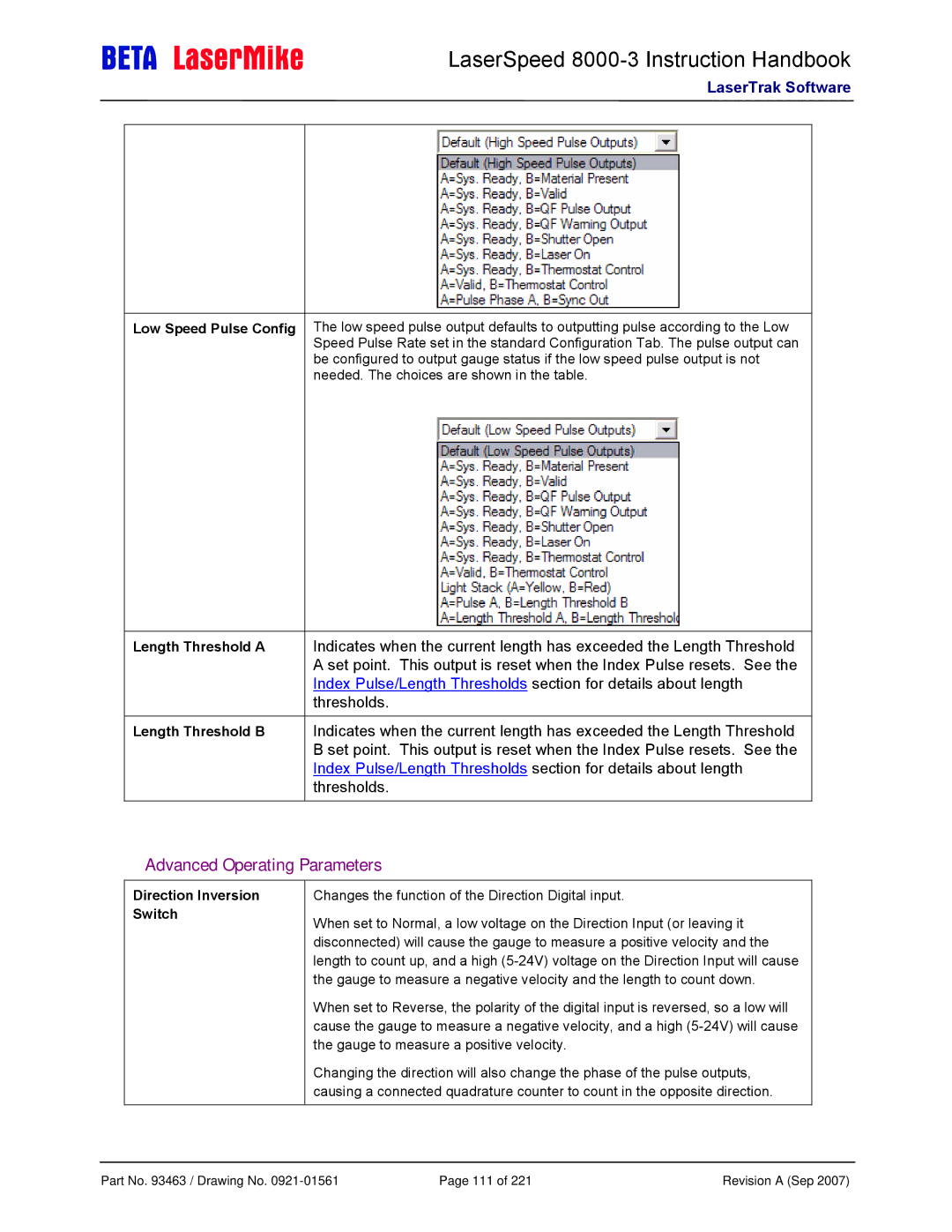 Laser LS8000-3 manual Advanced Operating Parameters, Length Threshold a, Length Threshold B, Direction Inversion Switch 