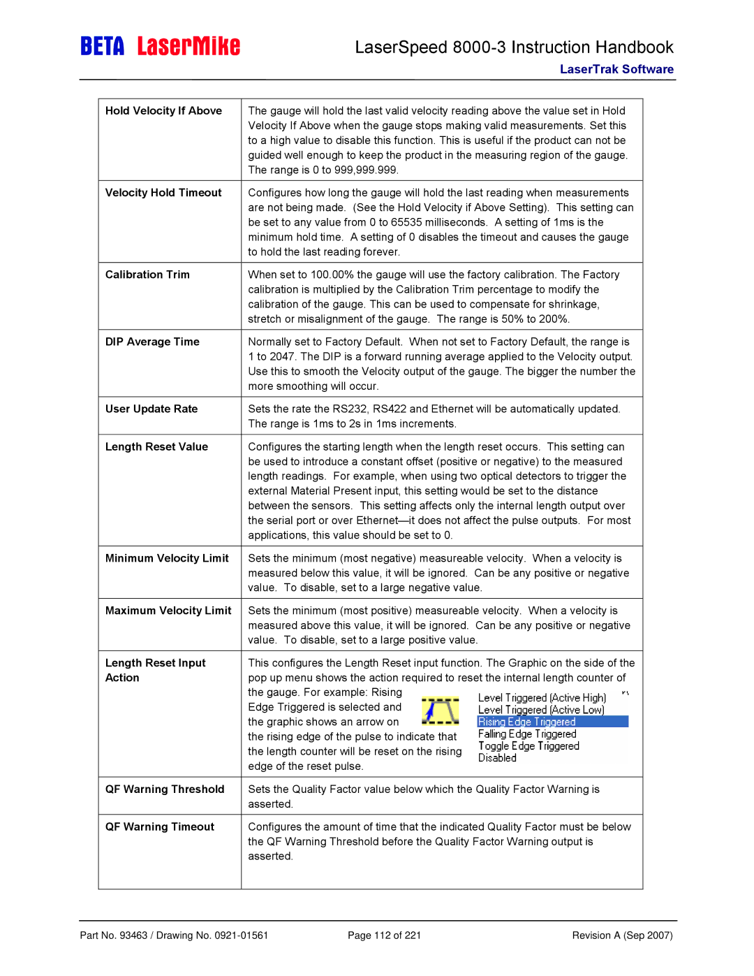 Laser LS8000-3 manual Hold Velocity If Above, Velocity Hold Timeout, Calibration Trim, DIP Average Time, Length Reset Value 
