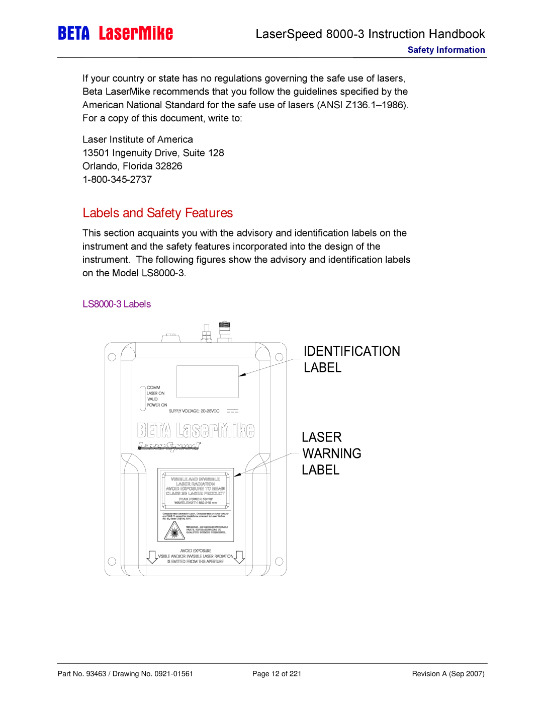 Laser manual Labels and Safety Features, LS8000-3 Labels 