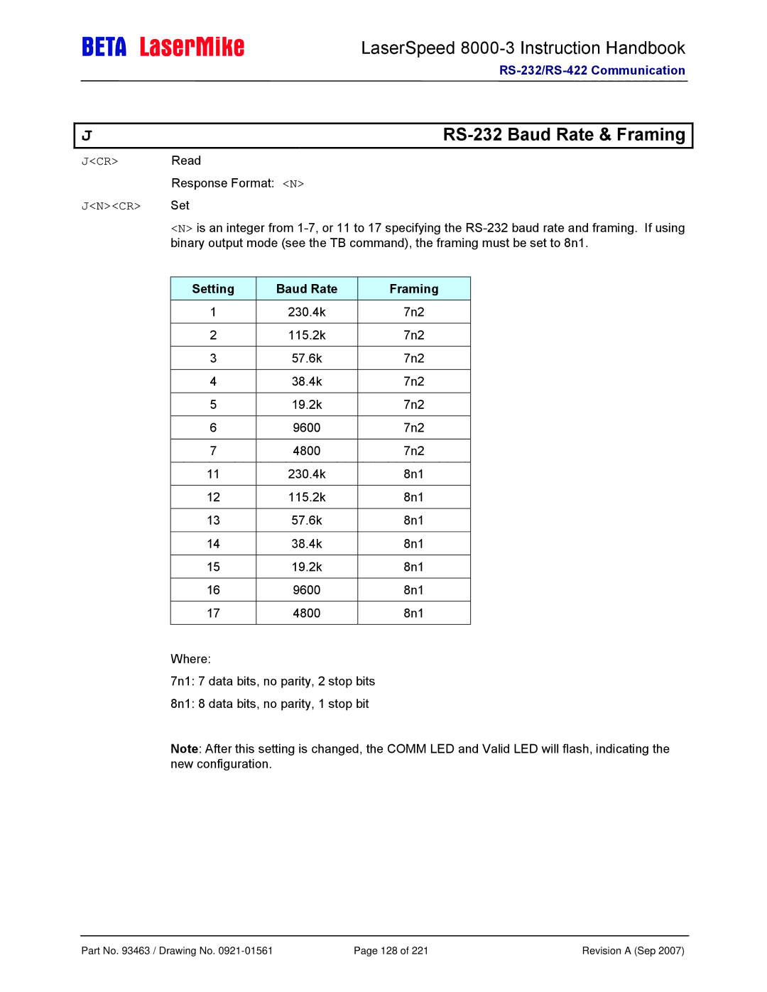 Laser LS8000-3 manual RS-232 Baud Rate & Framing, Jncr 