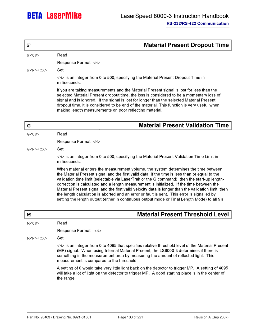 Laser LS8000-3 manual Material Present Dropout Time, Material Present Validation Time, Material Present Threshold Level 