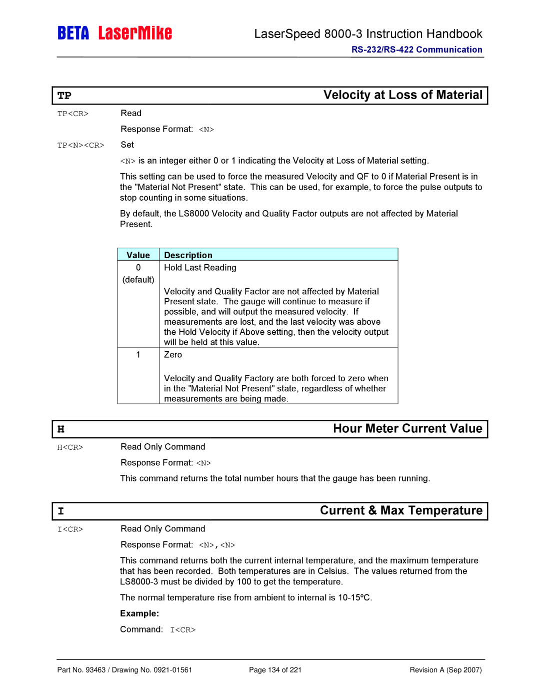 Laser LS8000-3 Velocity at Loss of Material, Hour Meter Current Value, Current & Max Temperature, Tpcr Read, Tpncr Set 
