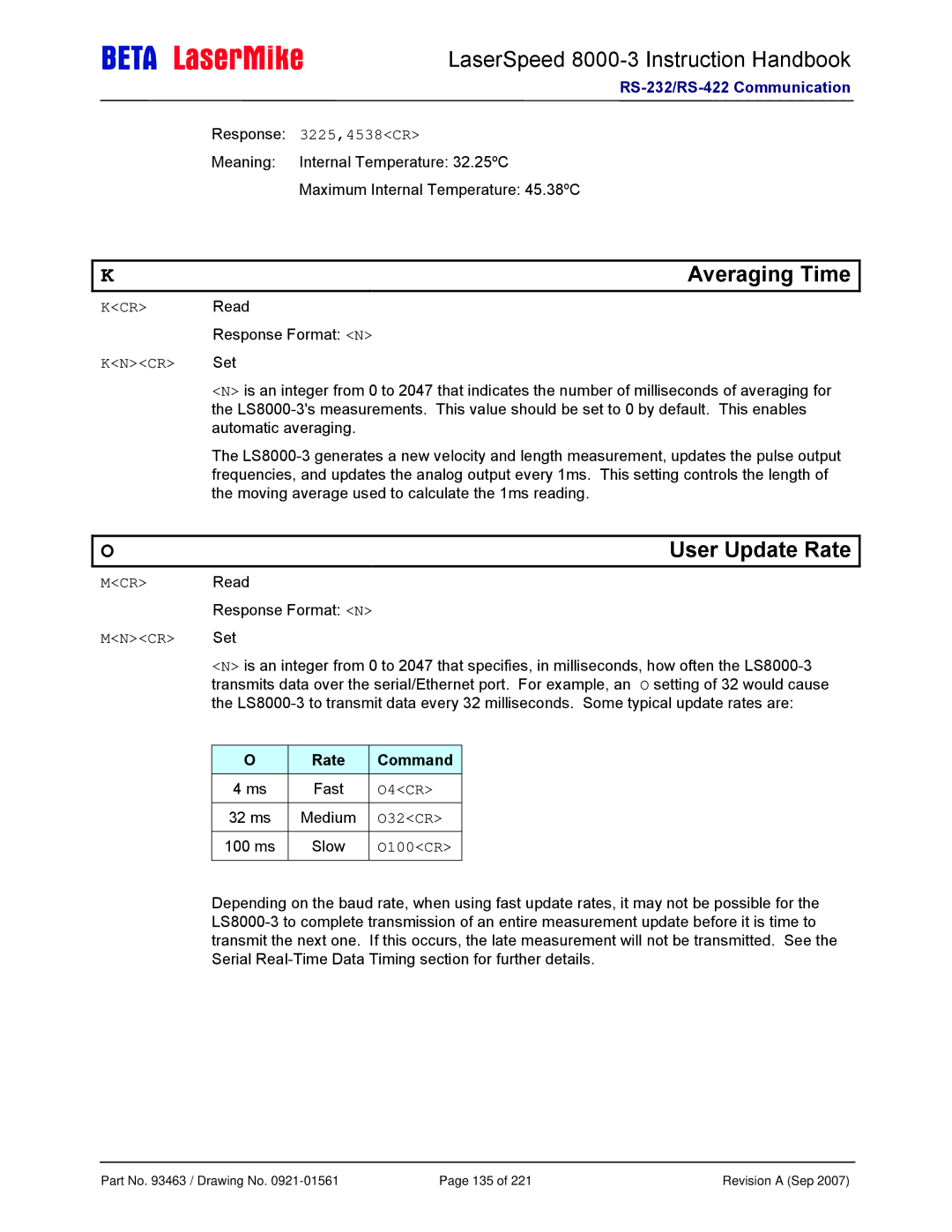 Laser LS8000-3 manual Averaging Time, User Update Rate, Rate Command 