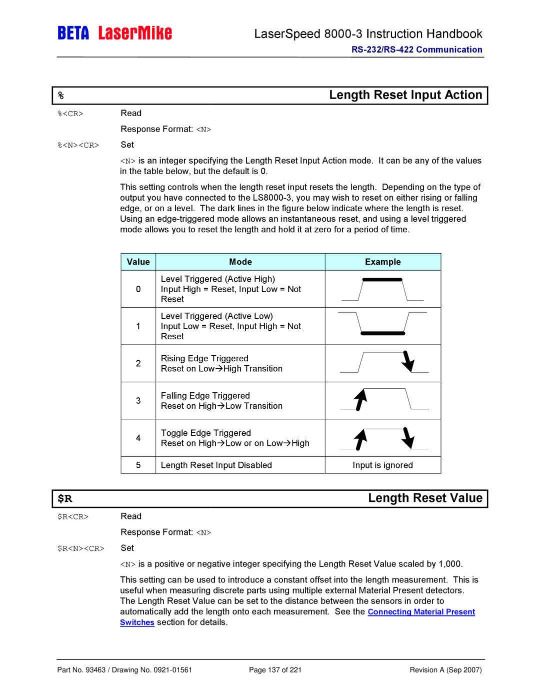 Laser LS8000-3 manual Length Reset Input Action, Length Reset Value, Mode, $RCR Read, $RNCR Set 