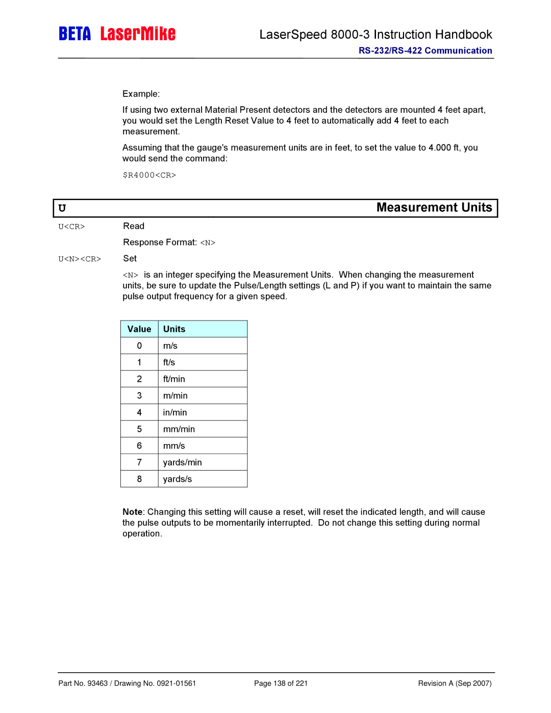 Laser LS8000-3 manual Measurement Units, $R4000CR, UCR Read, Uncr Set, Value Units 