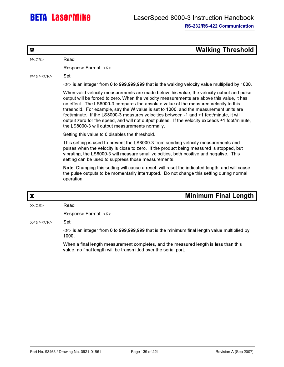Laser LS8000-3 manual Walking Threshold, Minimum Final Length 