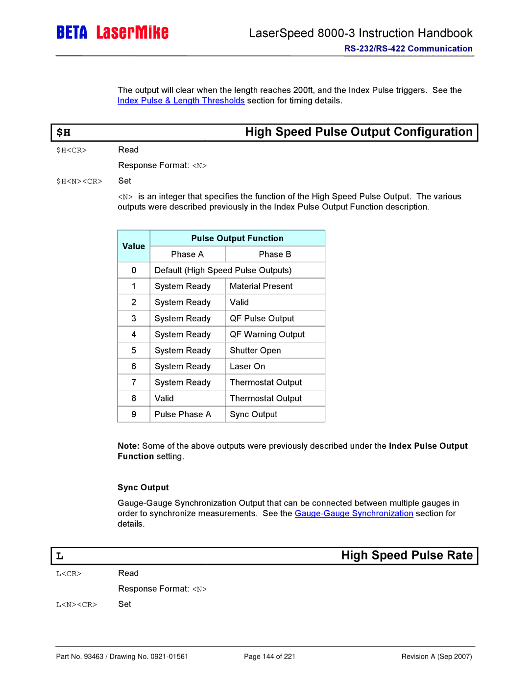 Laser LS8000-3 manual High Speed Pulse Output Configuration, High Speed Pulse Rate, Pulse Output Function, Sync Output 