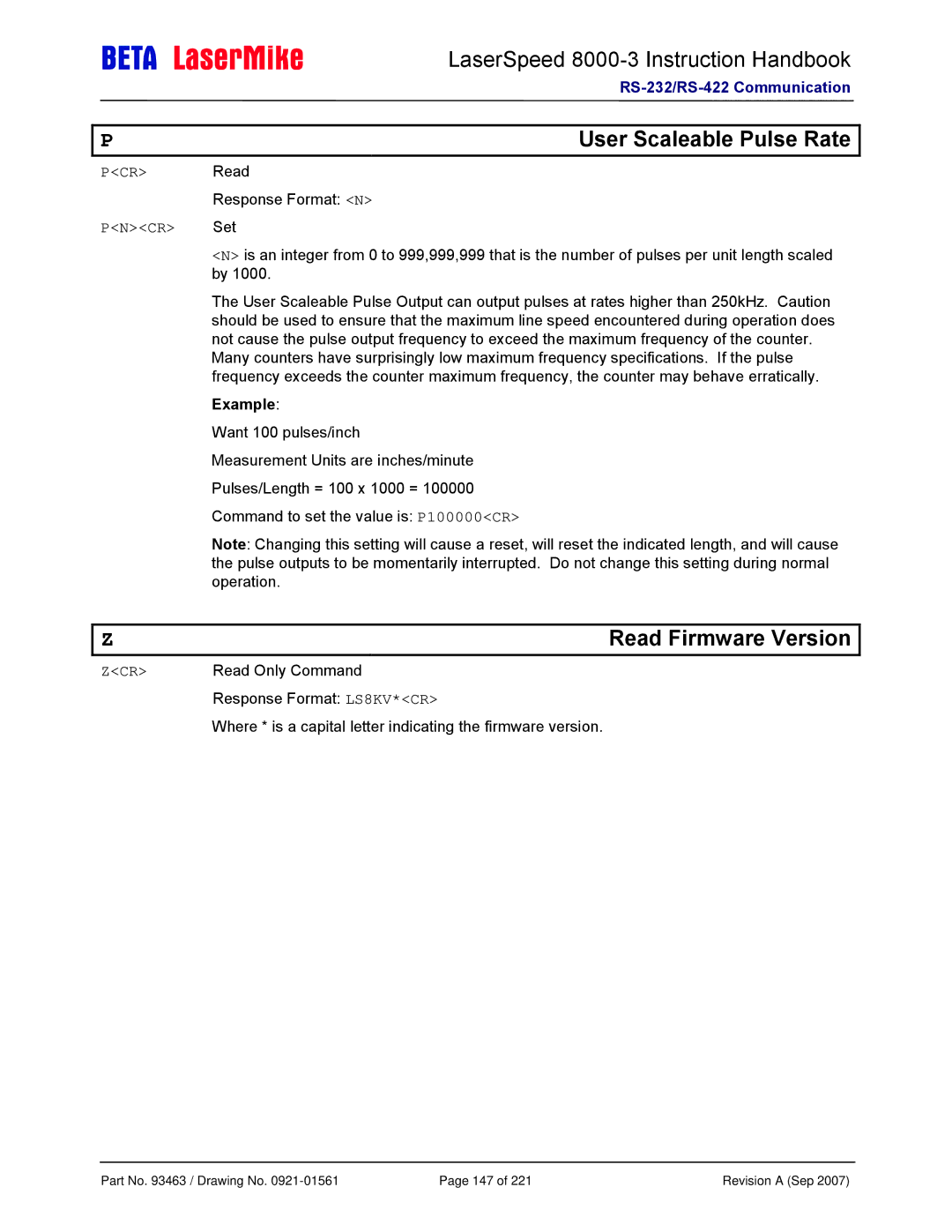 Laser LS8000-3 manual User Scaleable Pulse Rate, Pncr 