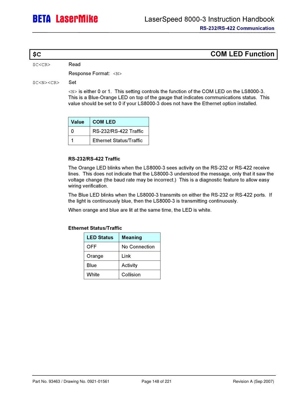 Laser LS8000-3 manual COM LED Function, Value COM LED, RS-232/RS-422 Traffic, Ethernet Status/Traffic LED Status Meaning 