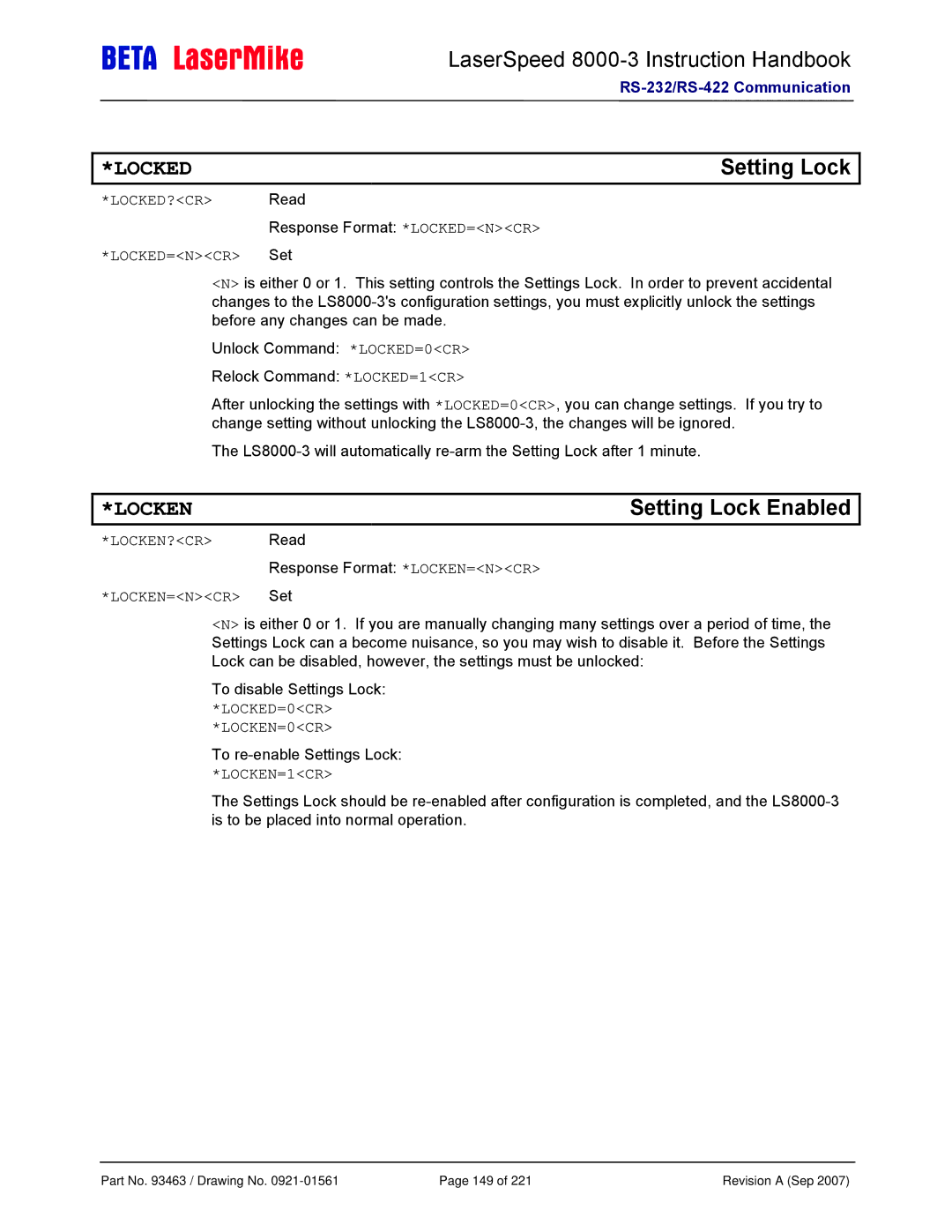 Laser LS8000-3 manual Setting Lock Enabled 