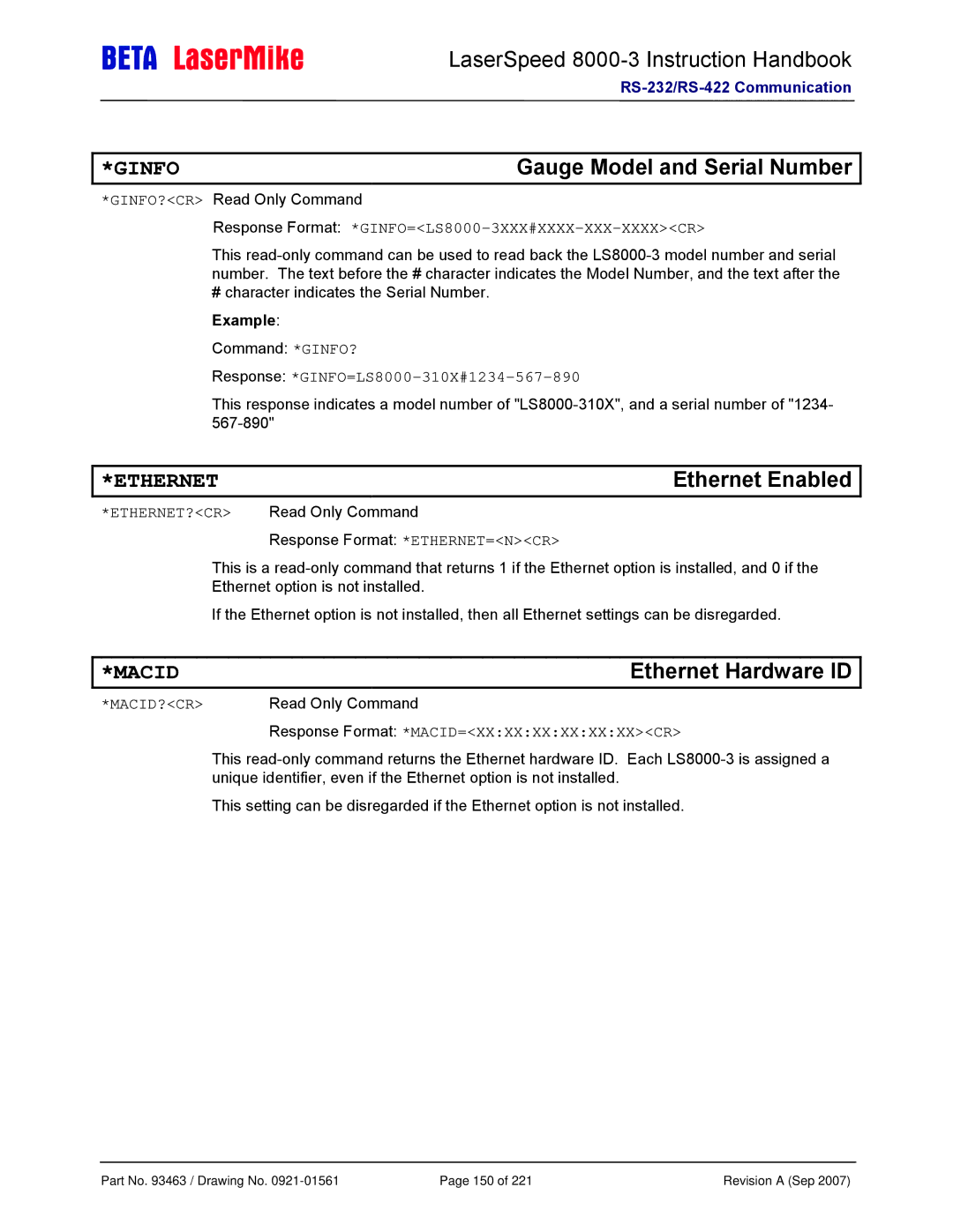 Laser LS8000-3 manual Gauge Model and Serial Number, Ethernet Enabled, Ethernet Hardware ID 
