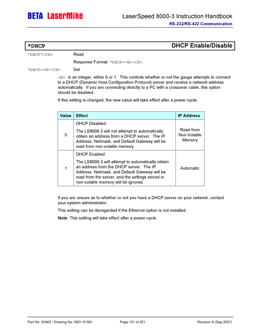 Laser LS8000-3 manual Dhcp Enable/Disable, DHCP?CR Read, DHCP=NCR Set, Value Effect IP Address 