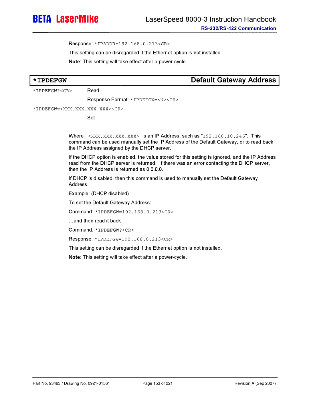 Laser LS8000-3 manual Default Gateway Address, Response *IPADDR=192.168.0.213CR, Command *IPDEFGW=192.168.0.213CR 