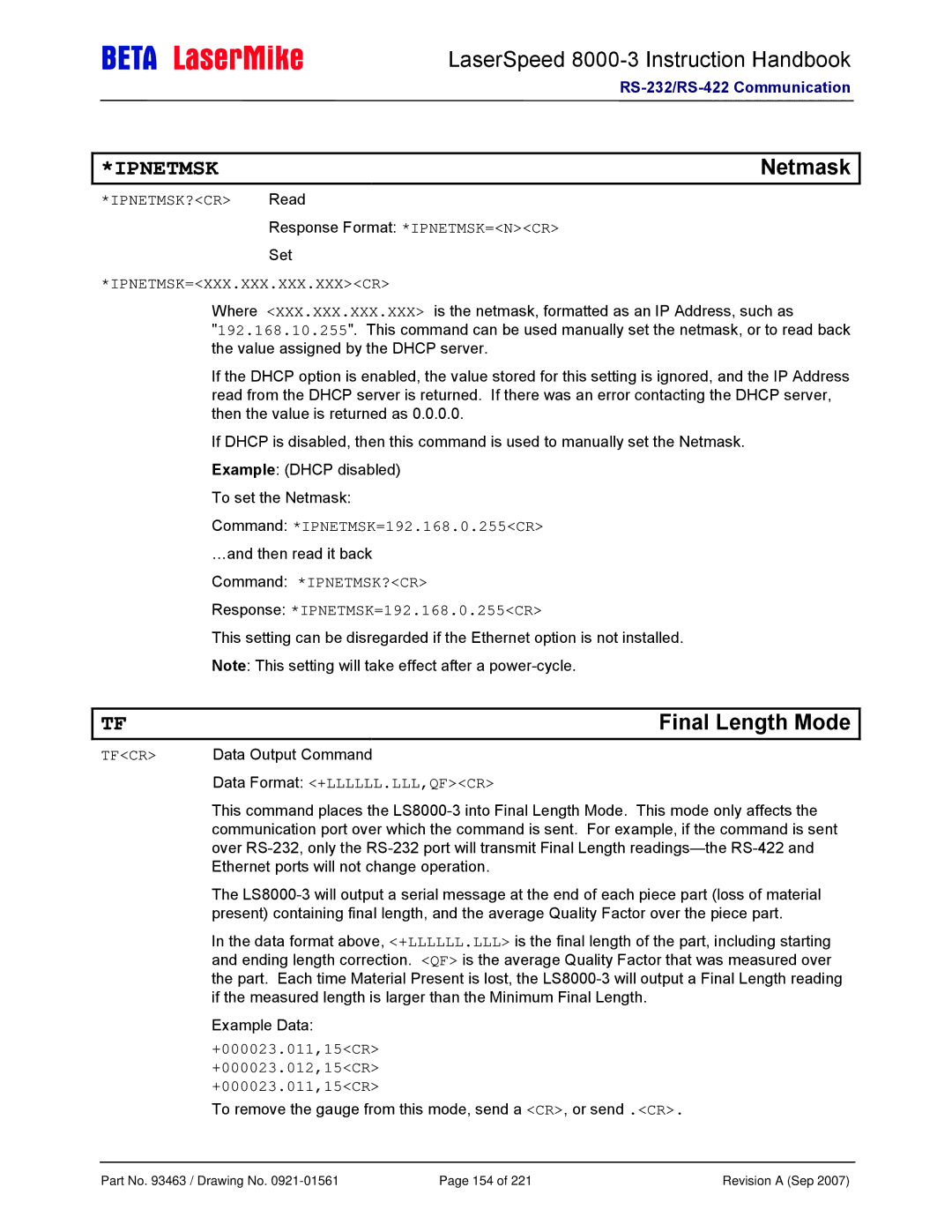 Laser LS8000-3 manual Netmask, Final Length Mode 