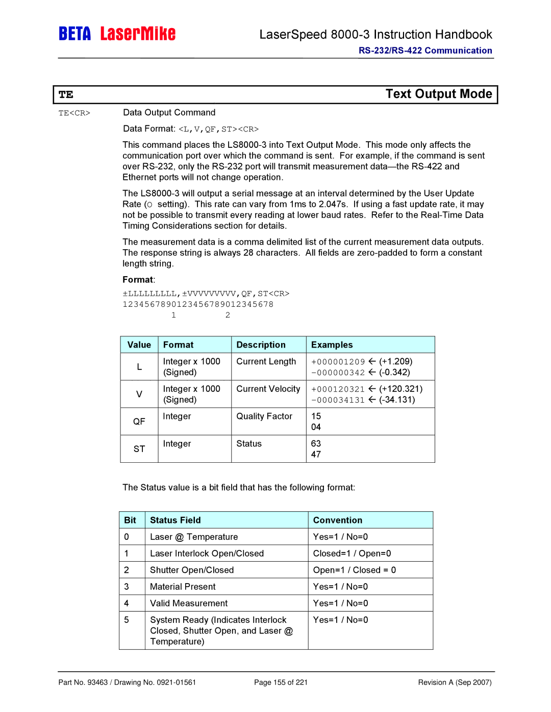 Laser LS8000-3 manual Text Output Mode, Format Description Examples, Bit Status Field Convention 