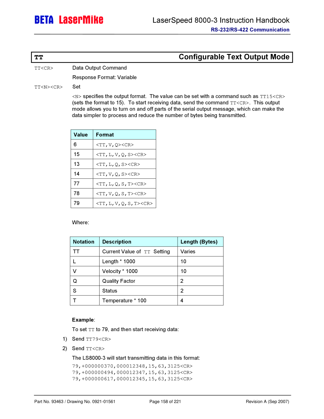 Laser LS8000-3 manual Configurable Text Output Mode, Ttncr Set, Value Format, Notation Description Length Bytes 