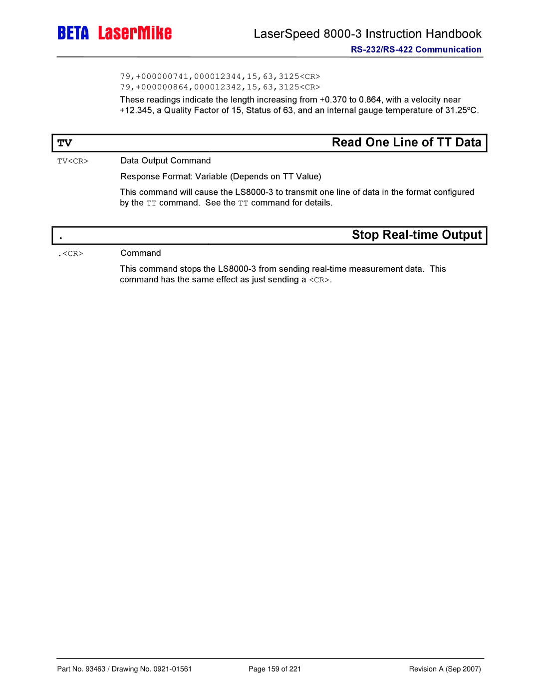 Laser LS8000-3 manual Read One Line of TT Data, Stop Real-time Output 