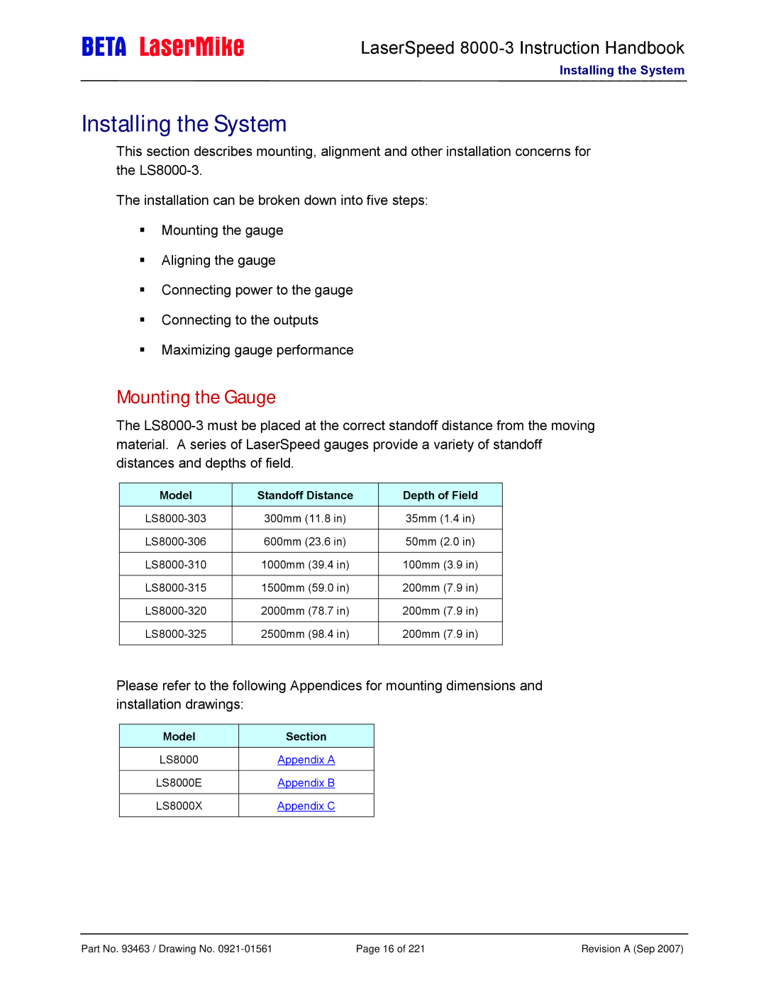 Laser LS8000-3 manual Installing the System, Mounting the Gauge, Model Standoff Distance Depth of Field 