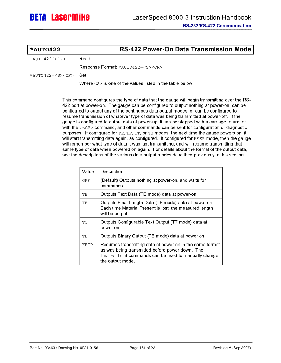 Laser LS8000-3 manual RS-422 Power-On Data Transmission Mode, AUTO422?CR Read, AUTO422=SCR Set 